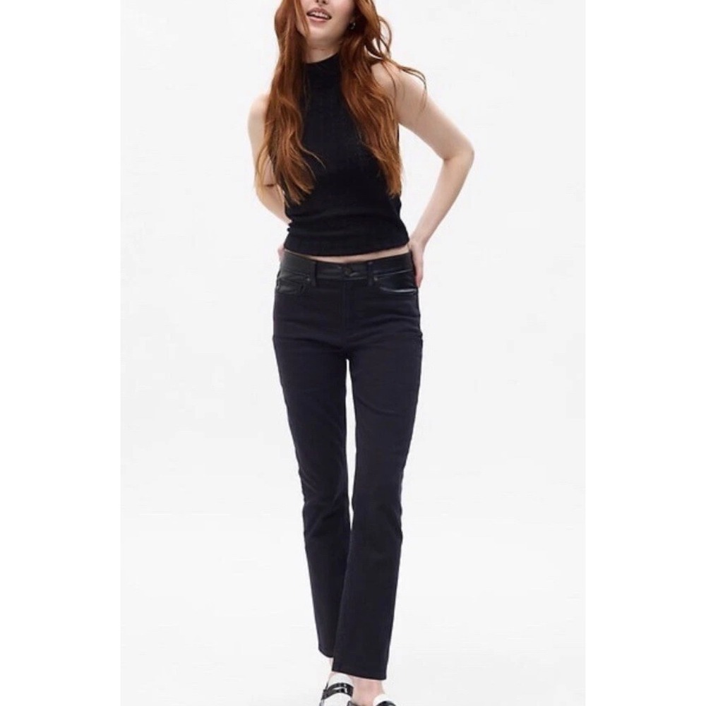 Gap Vintage Slim Mid Rise Straight Leg Vegan Leather Jeans Black Trim 28/6 Tall